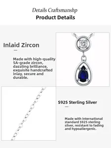Detailed view of teardrop sapphire pendant with S925 silver chain and 5A zircon inlay
