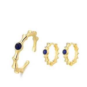 Set di Gioielli in Argento Sterling 925 Lapislazzuli Bambù Vintage Placcato Oro Anello Aperto Orecchini Set da Donna