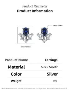 Detailed size specifications for S925 silver sapphire flower earrings showing 0.93cm width