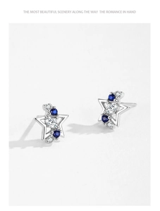 Detailed shot of 925 silver star earrings with blue and clear zircon inlay