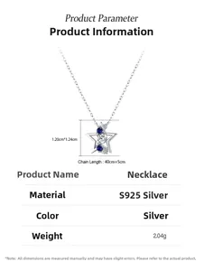Detailed S925 silver star pendant dimensions with blue and white zircon inlays