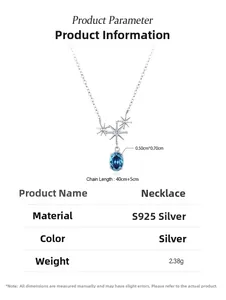 Detail view of S925 silver necklace featuring an oval blue zircon with star charms