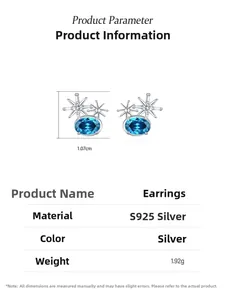 Détail des boucles d'oreilles étoile en argent S925 avec zircon bleu et dimensions