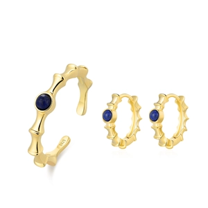 Set anello e orecchini in argento 925 dorato a bambù con pietre blu lapislazzuli