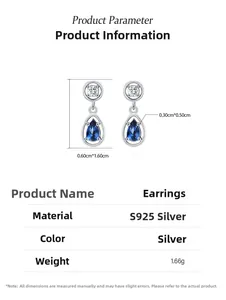 Detailed size chart for S925 silver blue zircon waterdrop earrings, 0.6x1.6cm view