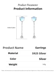 Detail view of S925 silver moonstone earrings with tassel zircon and size dimensions