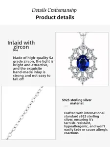 Macro detail of 925 silver necklace with 5A blue sapphire zircon in snowflake design