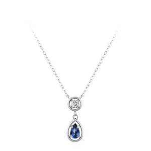 925 Sterling Silver Waterdrop Pendant Necklace For Women Elegant Retro Blue Zirconia Inlaid Clavicle Chain Jewelry Gift