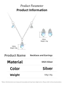 Macro d'un ensemble collier et boucles d'oreilles en argent S925 avec pierre de lune