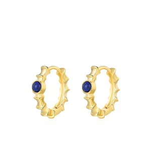 Boucles d'Oreilles en Argent Sterling S925 Avec Lapis-Lazuli Design Chinois en Joint de Bambou Créoles Plaquées Or pour Femmes Bijoux
