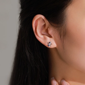Exquisite 925 sterling silver star stud earrings with blue and white zircon stones on model
