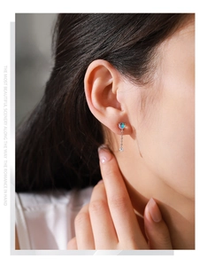 Detail of S925 silver moonstone fringe earring featuring a delicate hanging metal chain