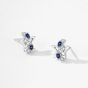 Exquisite 925 sterling silver star stud earrings with blue sapphire and white zircon gems