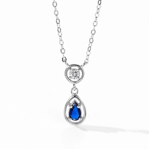 925 sterling silver necklace with blue teardrop zircon pendant on white background
