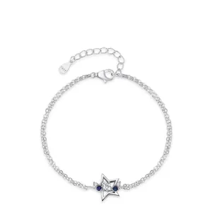 925 Sterling Silver Double Layer Star Bracelet With Zirconia For Women Elegant Chic Silver Blue Stone Starry Style Jewelry