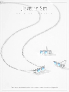 Detailed view of S925 silver moonstone necklace and earrings set with zircons