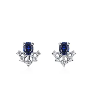 925 Sterling Silver Blue Zirconia Stud Earrings French Vintage Oval Gemstone High-End Design Crown Earrings For Women Jewelry