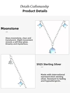 Macro details of S925 sterling silver necklace with blue moonstone and cubic zirconia