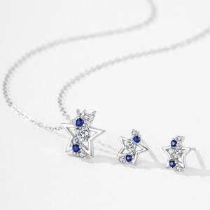 Elegant S925 sterling silver pentagram jewelry set with blue and clear zircon crystals