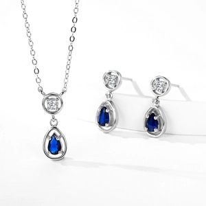 S925 sterling silver jewelry set with pear-cut sapphire blue stones and white zircon