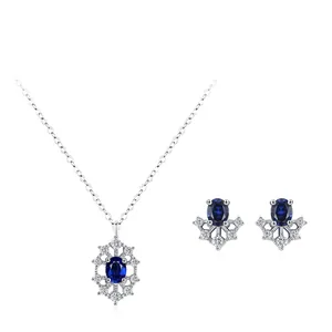 S925 Sterling Silver Sunflower Jewelry Set Blue Zirconia Inlaid Oval Pendant Necklace And Stud Earrings For Women Vintage Fashion Accessories