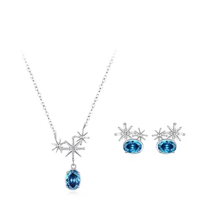 925 Sterling Silver Blue Zirconia Starburst Jewelry Set Elegant Star Pendant Necklace Stud Earrings For Women Star Gift