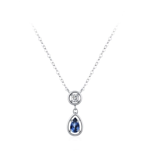 925 silver necklace with teardrop blue sapphire pendant and cubic zirconia stone
