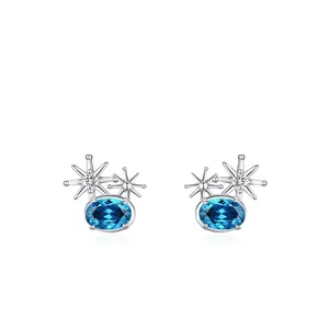 Boucles d'Oreilles Clous Radiants en Argent Sterling 925 Soleil Étoile pour Femmes Avec Zirconia Bleu Mer Incrusté Bijoux de Mode Céleste