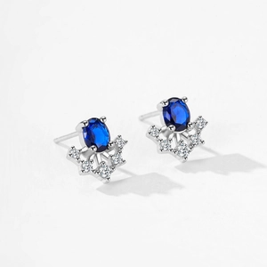 French vintage S925 silver stud earrings with oval blue sapphire and sparkling zircon stones