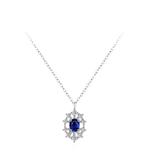 Elegant 925 Sterling Silver Blue Zirconia Snowflake Pendant Necklace Vintage Palace Style Luxurious Women Clavicle Chain