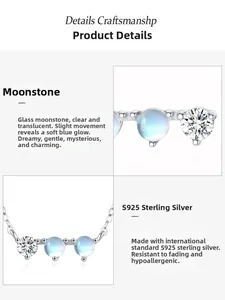 Detail of S925 sterling silver necklace with moonstone pendant and sparkling cubic zirconia