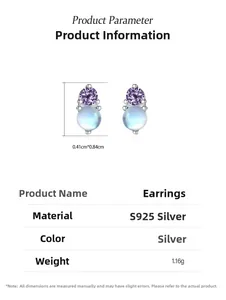Détail de boucles d'oreilles en argent S925 avec zircon violet et pierre de lune