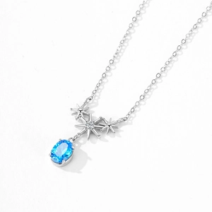 925 silver necklace with blue gemstone oval pendant and sparkling star elements