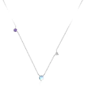 French Romantic 925 Sterling Silver Moonstone Pendant Necklace Minimalist Round Purple Rhinestone Jewelry Gift For Women