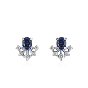 French vintage S925 silver stud earrings with oval sapphire and sparkling diamonds