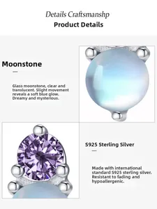 Gros plan des boucles d'oreilles en argent S925 avec pierre de lune et zircon violet