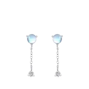 S925 Sterling Silver Moonstone Tassel Stud Earrings For Women Sweet Lady Light Blue Moonstone Rhinestone Geometric Chain Drop Earrings Jewelry
