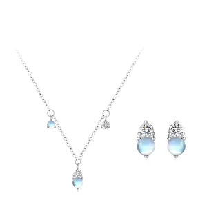 Ensemble de Bijoux en Argent Sterling S925 Pierre de Lune pour Femme Élégant Collier Pendentif à Franges et Boucles d'Oreilles Clous