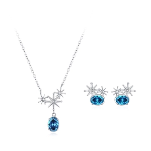 Exquisite 925 silver starburst jewelry set with radiant blue gemstone necklace and earrings