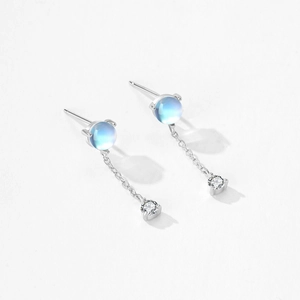 S925 sterling silver moonstone tassel earrings with delicate drop chain and zircons