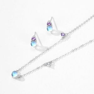 Parure en argent S925 avec pierre de lune bleue et accents de zircone violette