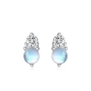 Semplici Orecchini a Bottone in Argento Sterling S925 Con Pietra di Luna Geometrici Tondi Intarsiati in Strass Gioielli da Donna