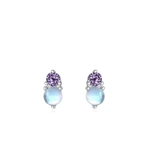 Boucles d'Oreilles Clous Vintage en Argent Sterling 925 Pierre de Lune Zirconia pour Femmes Élégant Géométrique Pierre Violette Bijoux