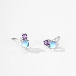 Puces en argent S925 vintage avec zircon violet et boules de pierre de lune bleues