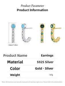 Vue détaillée des dimensions des boucles d'oreilles J en argent S925 avec émeraudes