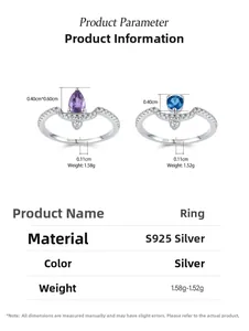 Specifiche dettagliate sulle dimensioni degli anelli in argento S925 con gemme