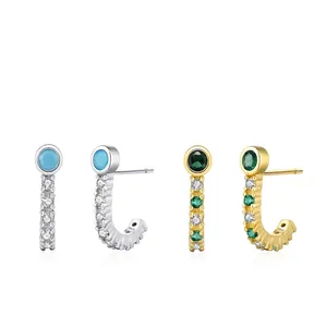 Boucles d'Oreilles Créoles en J en Argent Sterling 925 Avec Turquoise Artificielle et Zirconia Vert Émeraude Bijoux Femme