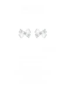 Detailed macro view of S925 sterling silver bow knot earrings with hollow heart and zircon