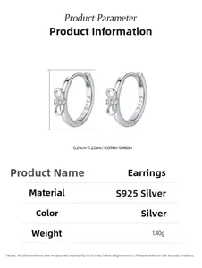 Detailed view of S925 sterling silver bow earrings with measurements and 1.40g weight