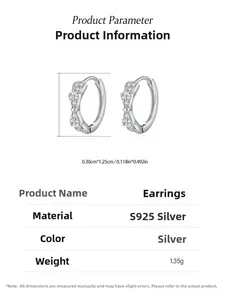 Detailed view of S925 sterling silver bow earrings with micro-pave crystals and dimensions